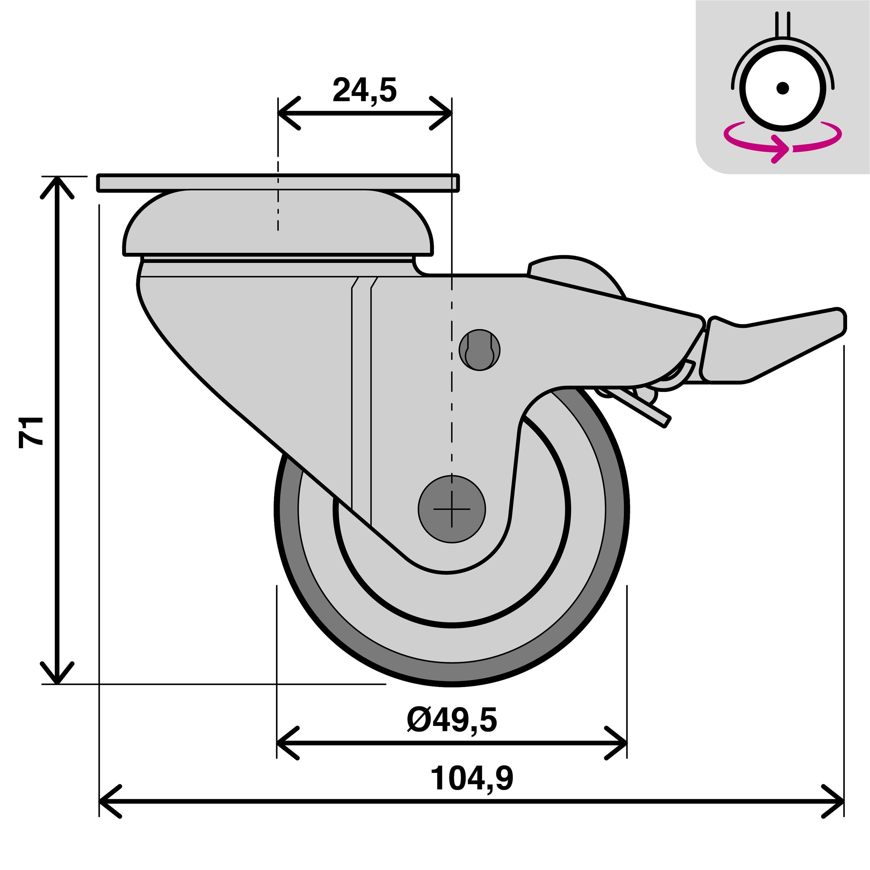 4 roues 360 degrés sur plaque diam.50 mm avec frein - 3