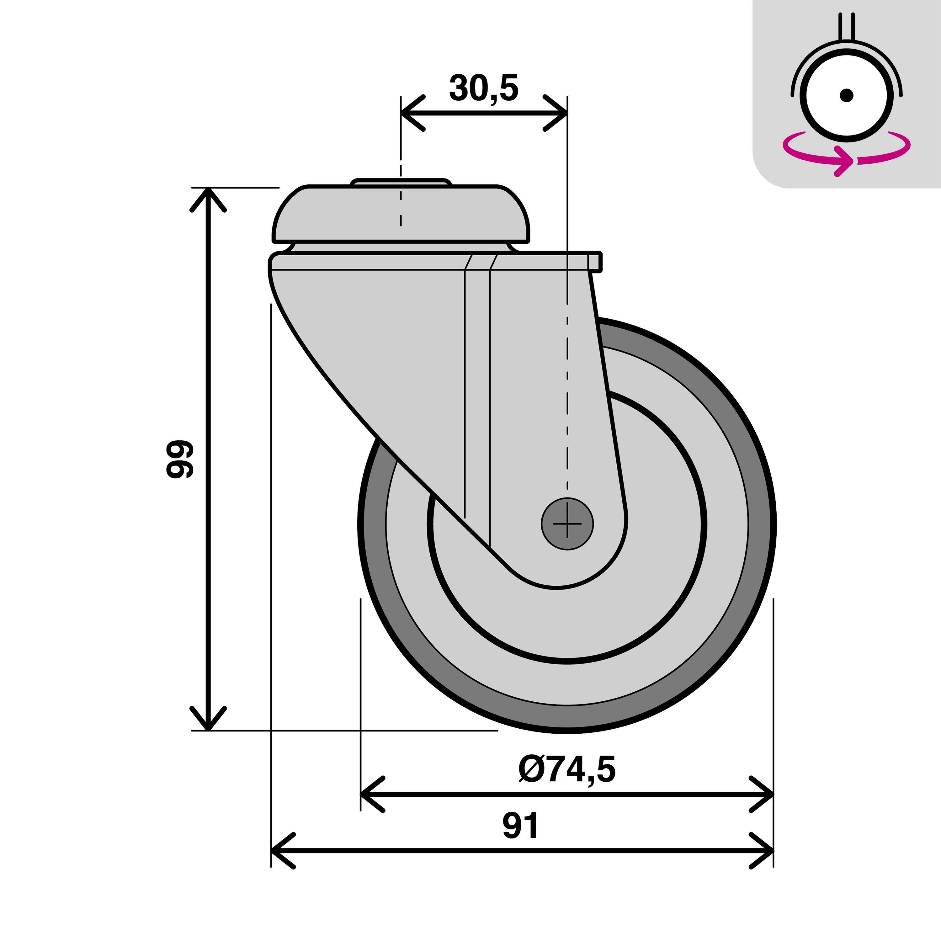 Roue 360 degrés à oeil diam.75 mm - 6