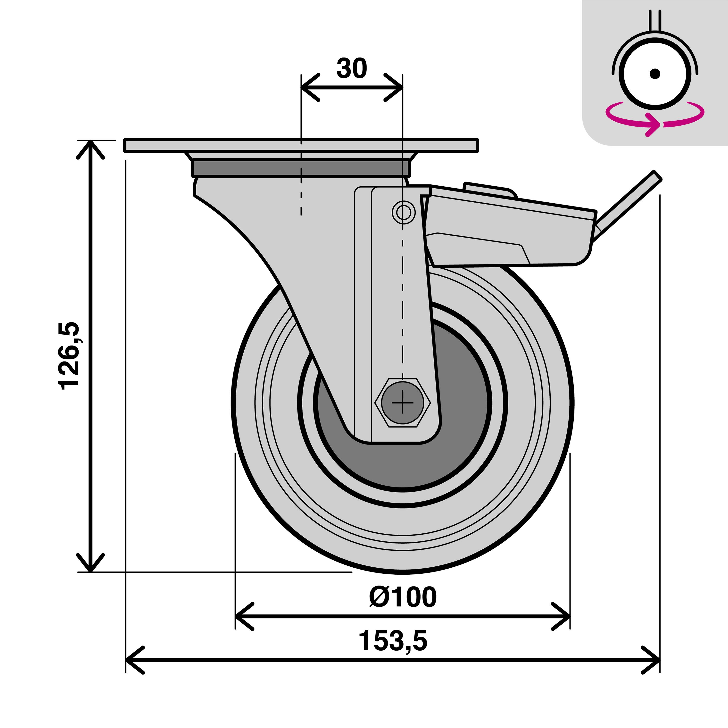 Roulette pivotante sur plaque diam.100 mm avec frein - 4