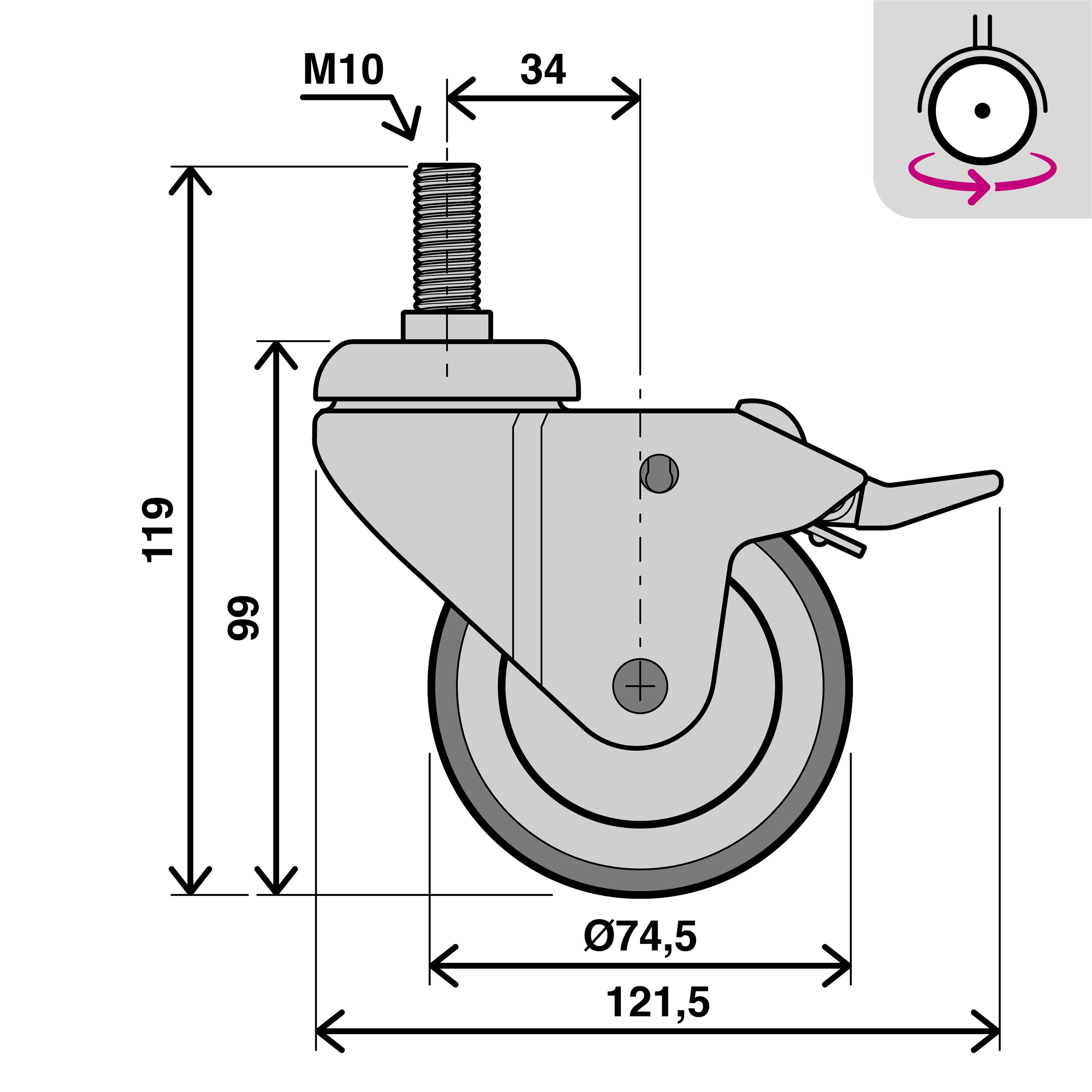 Roue 360 degrés à tige filetée diam.75 mm avec frein - 6