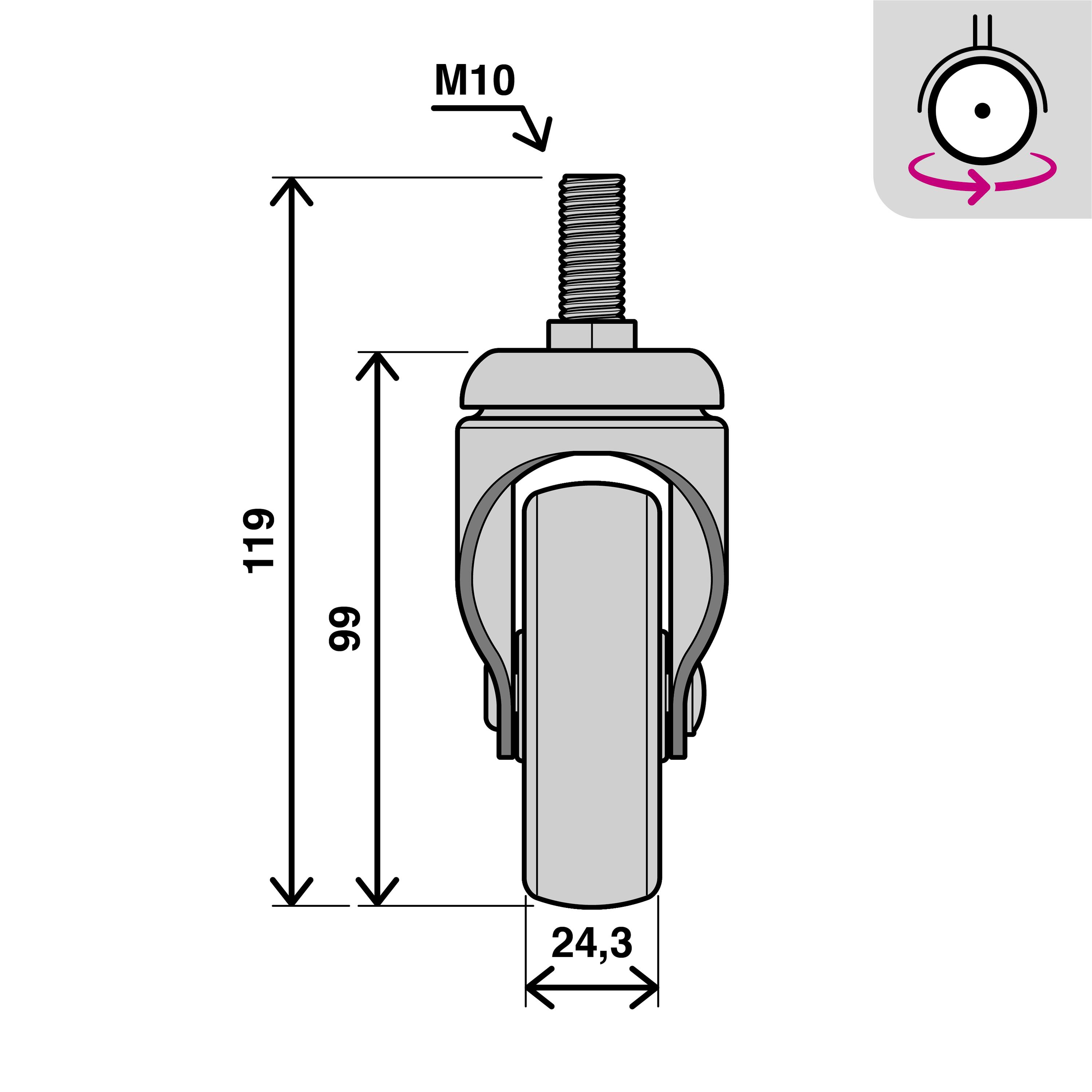 Roue 360 degrés à tige filetée diam.75 mm avec frein - 7