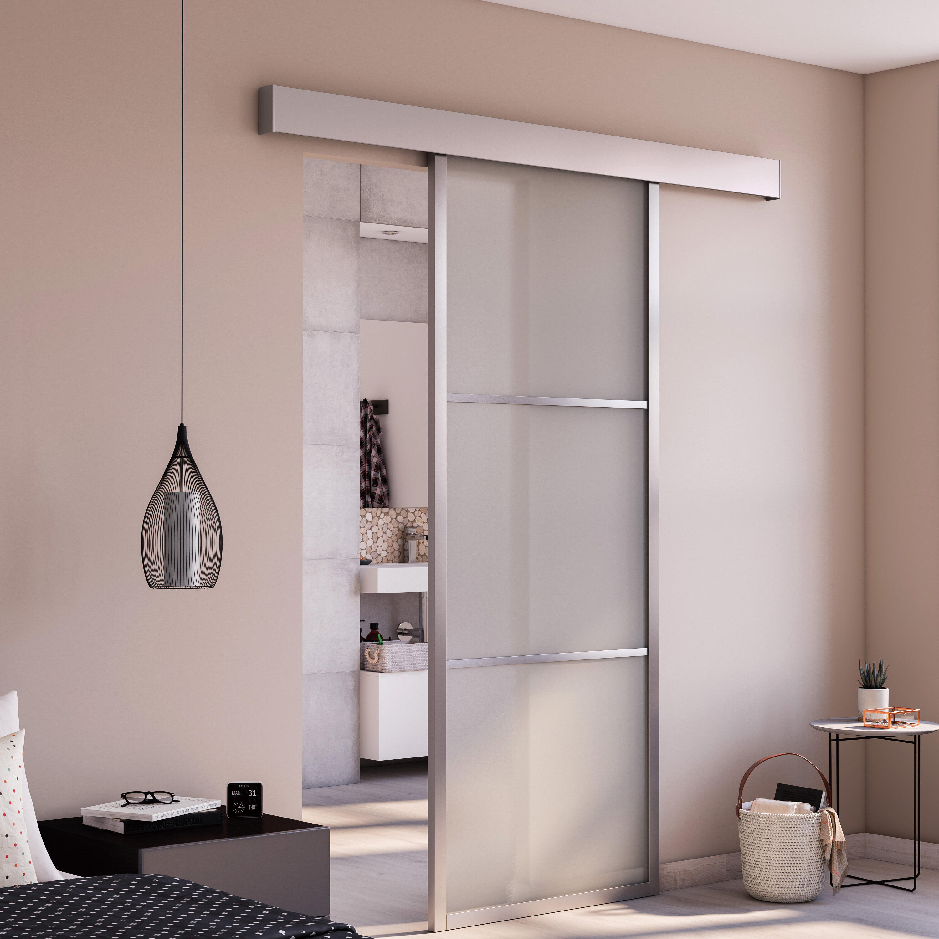 Puerta de interior corredera con cristal transparente lacada Artens Aspen aluminio anchura 83cm - 2
