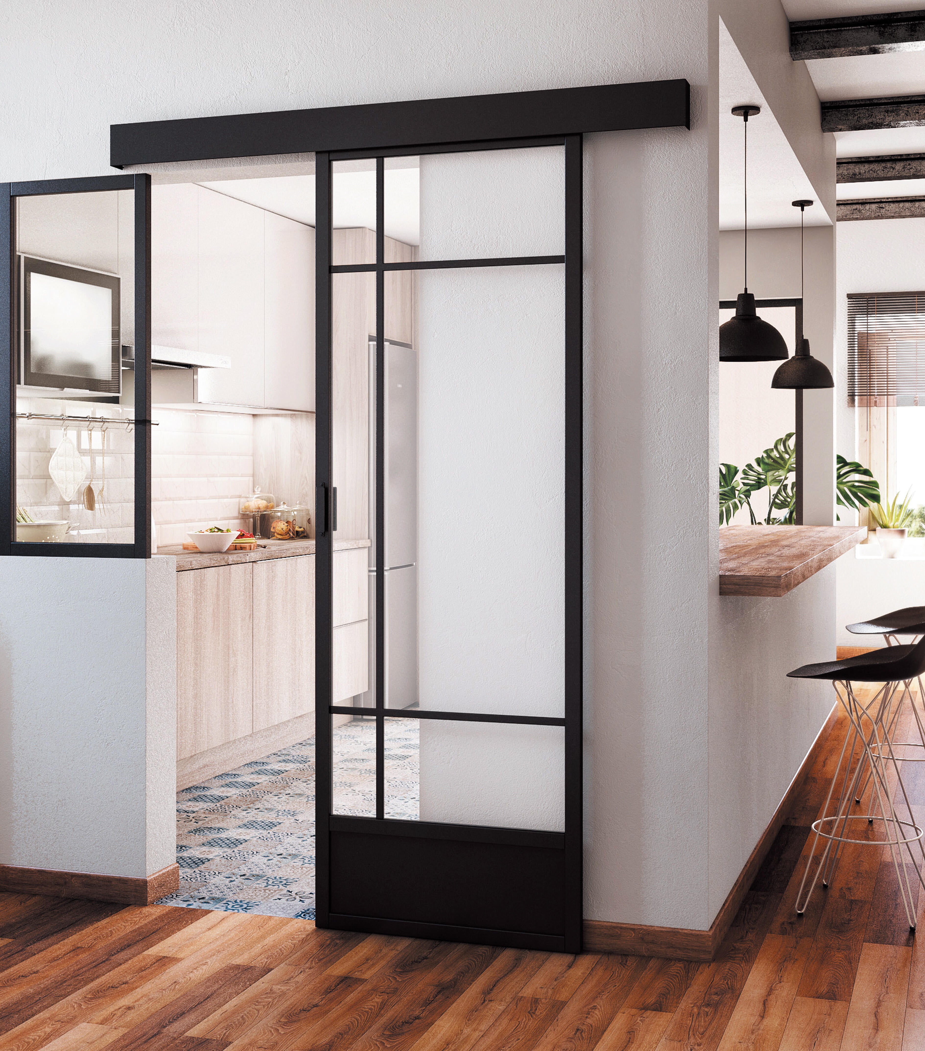 puerta corredera de cristal, puerta de taller negra - 2