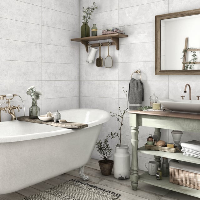 Carrelage mur intérieur effet béton blanc 3d décor Jasmin l.24 x L.69 cm