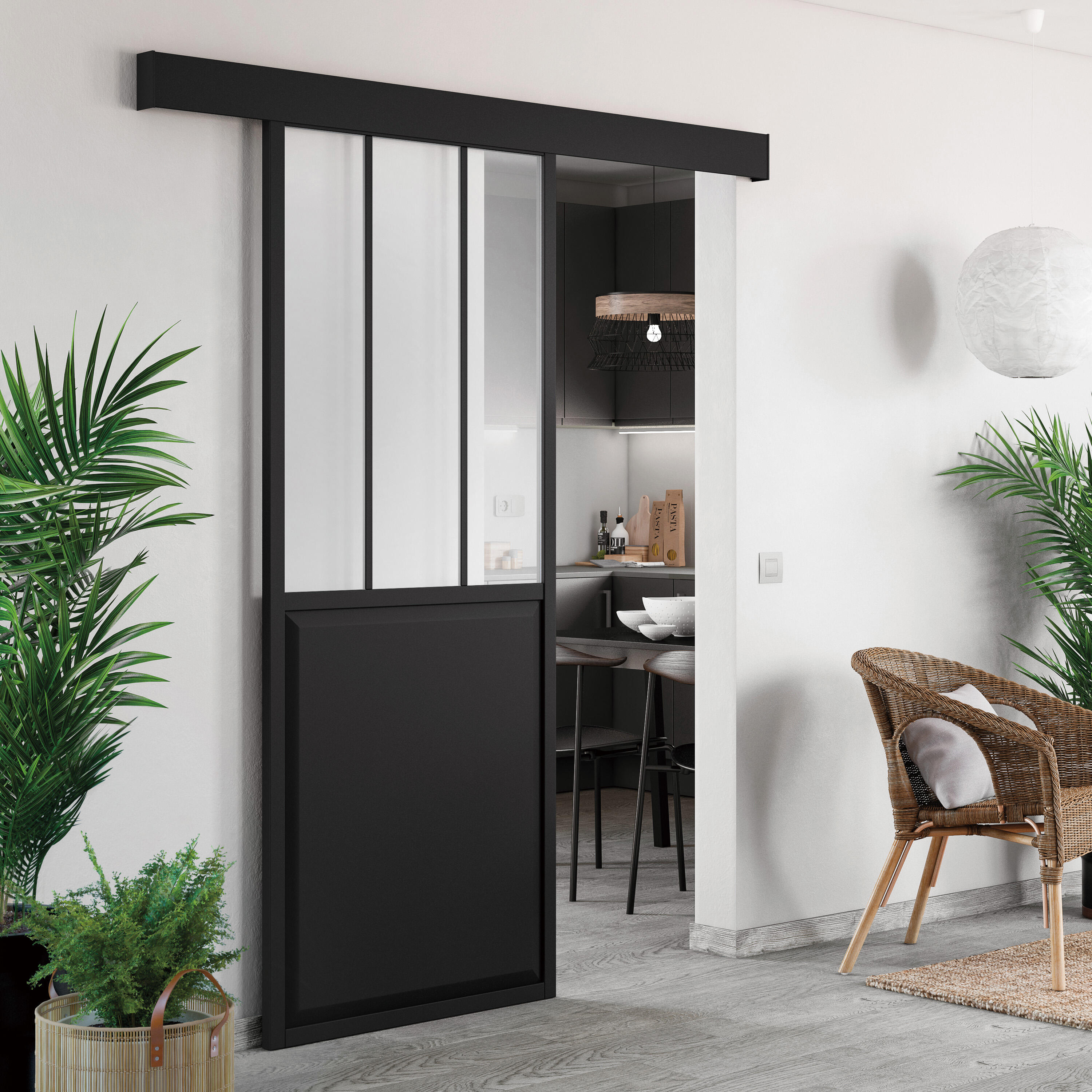 Puerta de interior corredera con cristal transparente lacada Artens Atelier negro anchura 83cm - 3