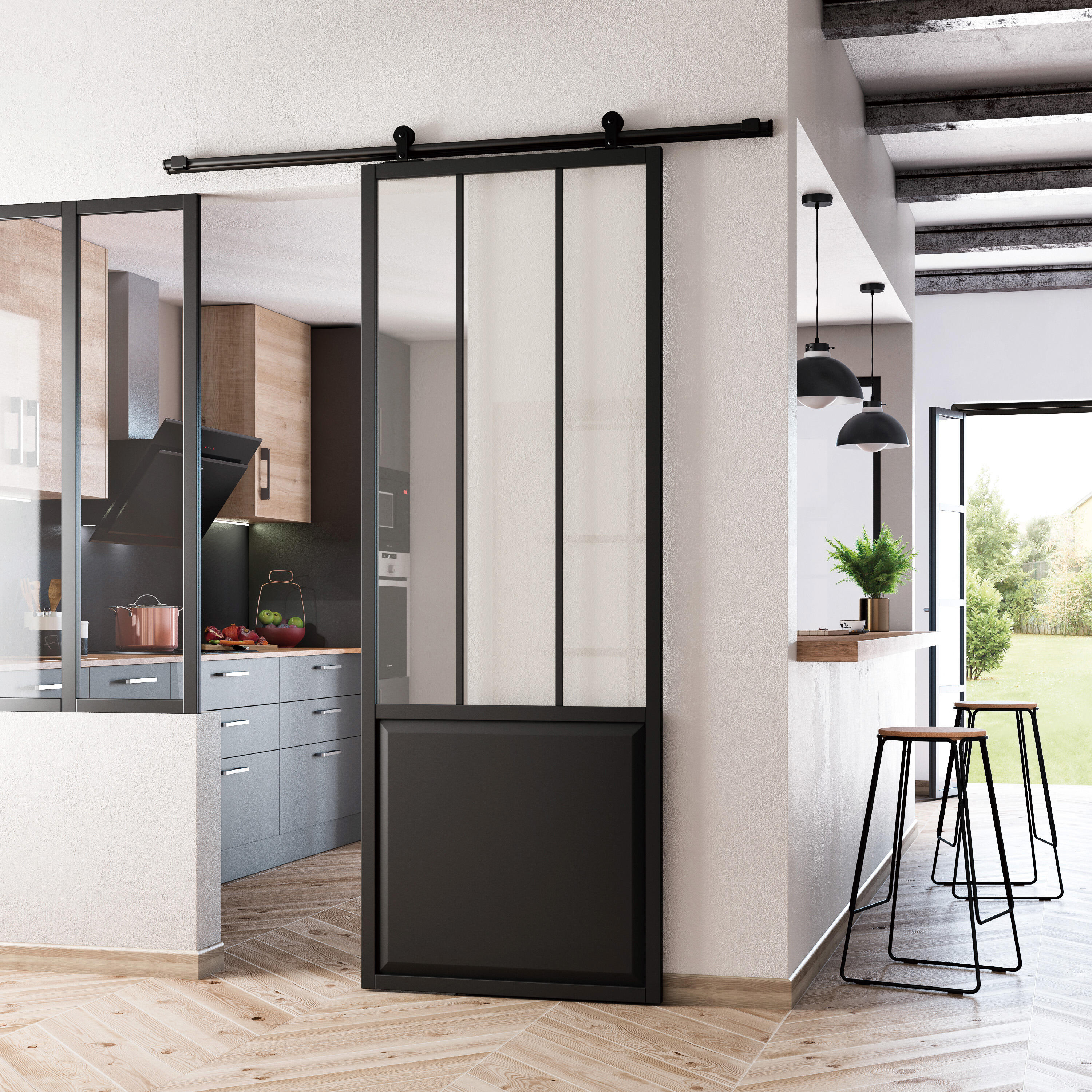 Porte coulissante Atelier XXL aluminium noir verre transparent, H.220 x l.83 cm - 3