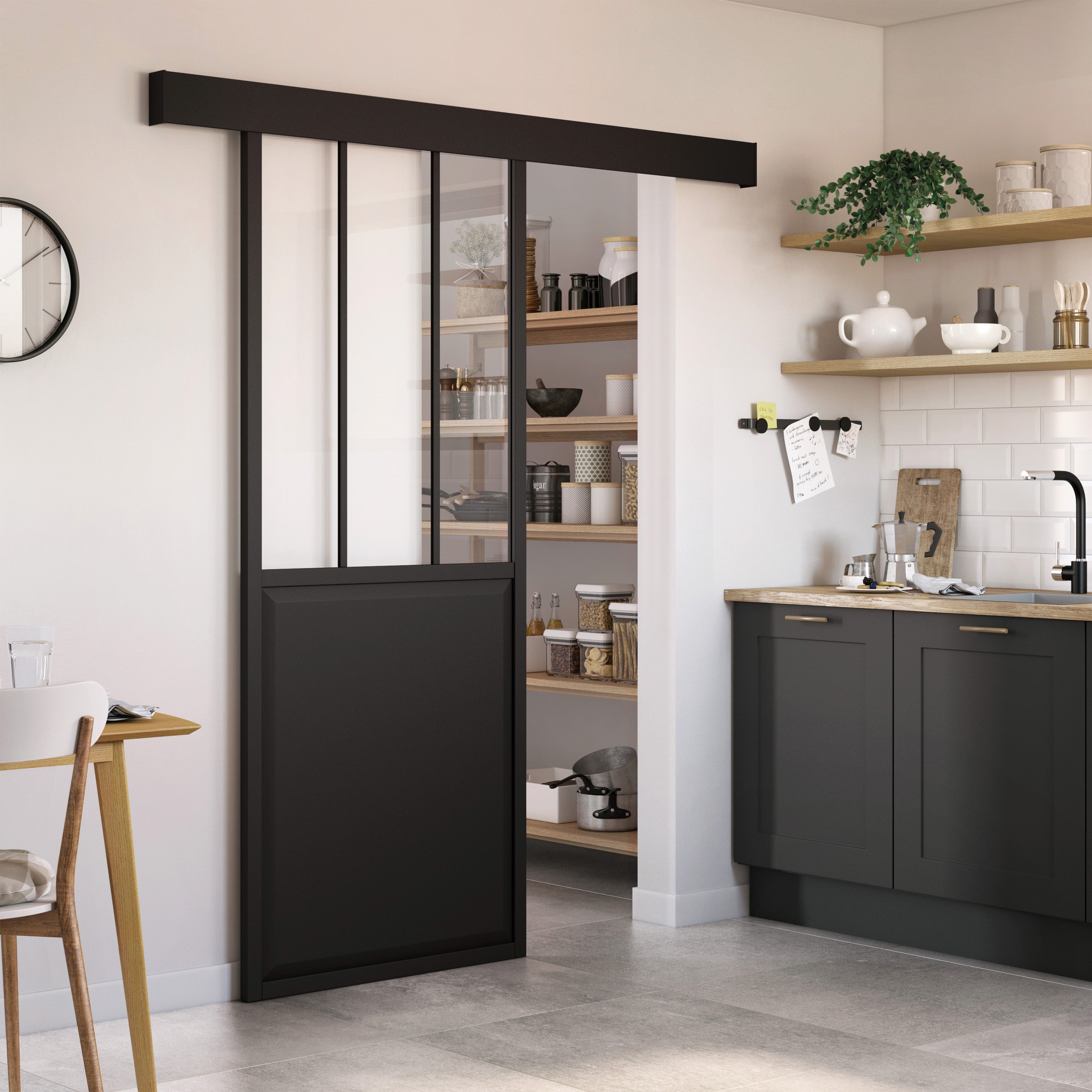 Porte coulissante Atelier noir verre transparent, H.204 x l.63 cm, ARTENS - 3