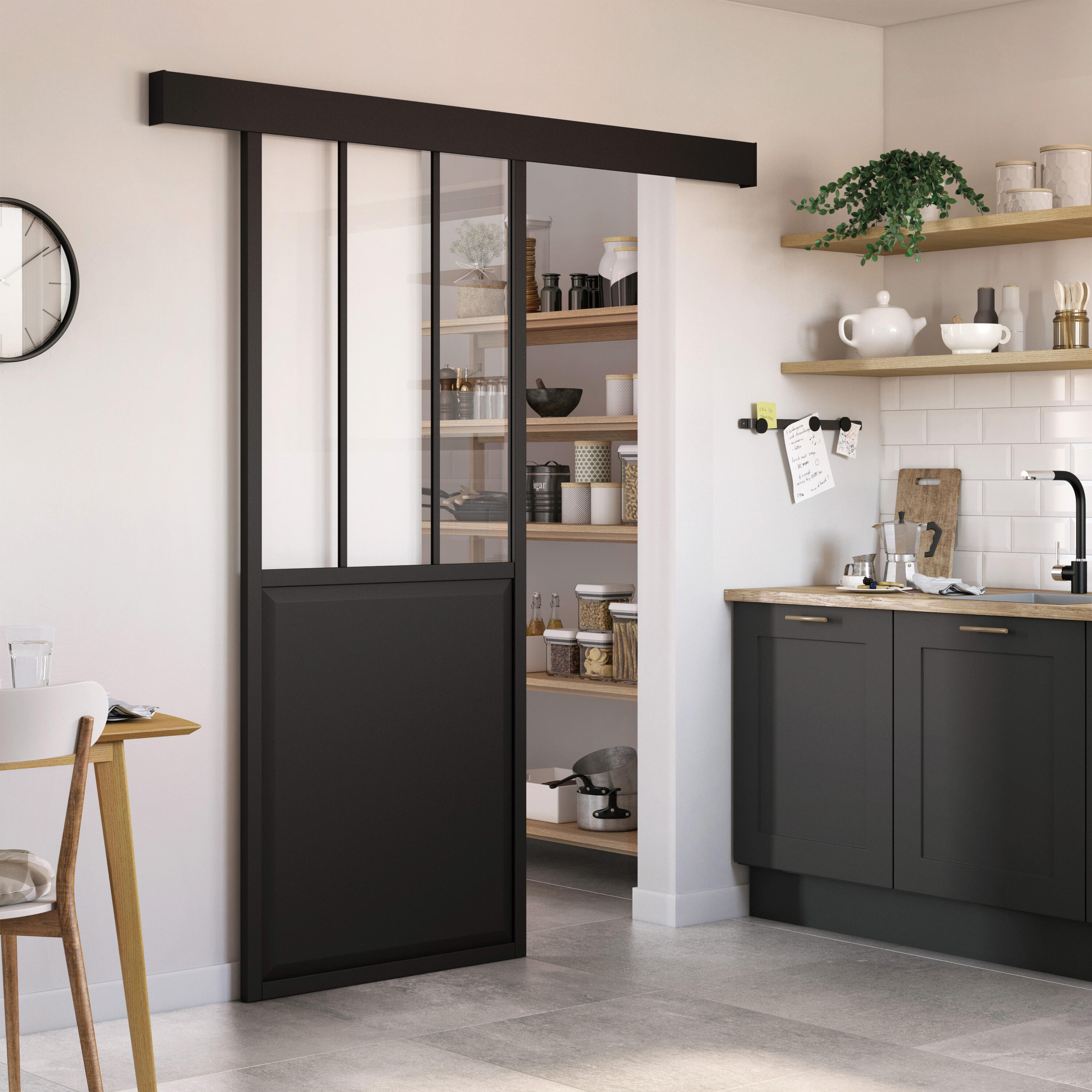Porte coulissante Atelier alu noir verre transparent, H.204 x l.93 cm, ARTENS - 2