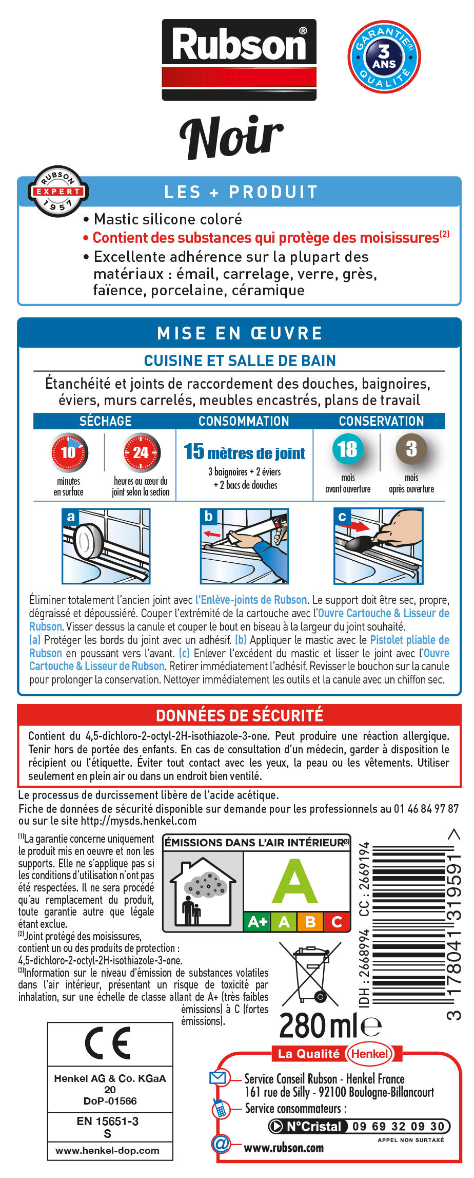 Silicone Bain et cuisine RUBSON noir, 280 ml - 6