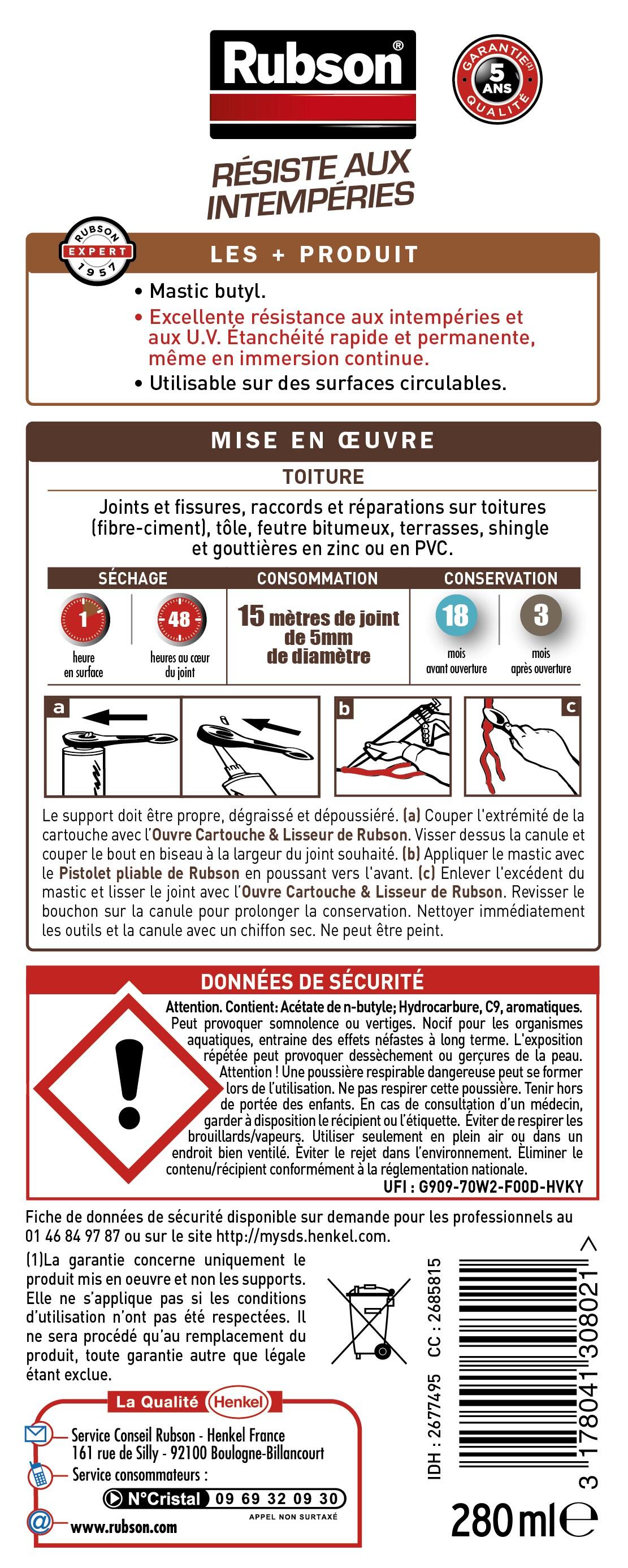 Mastic d'étanchéité Toitures RUBSON gris 280ml - 6