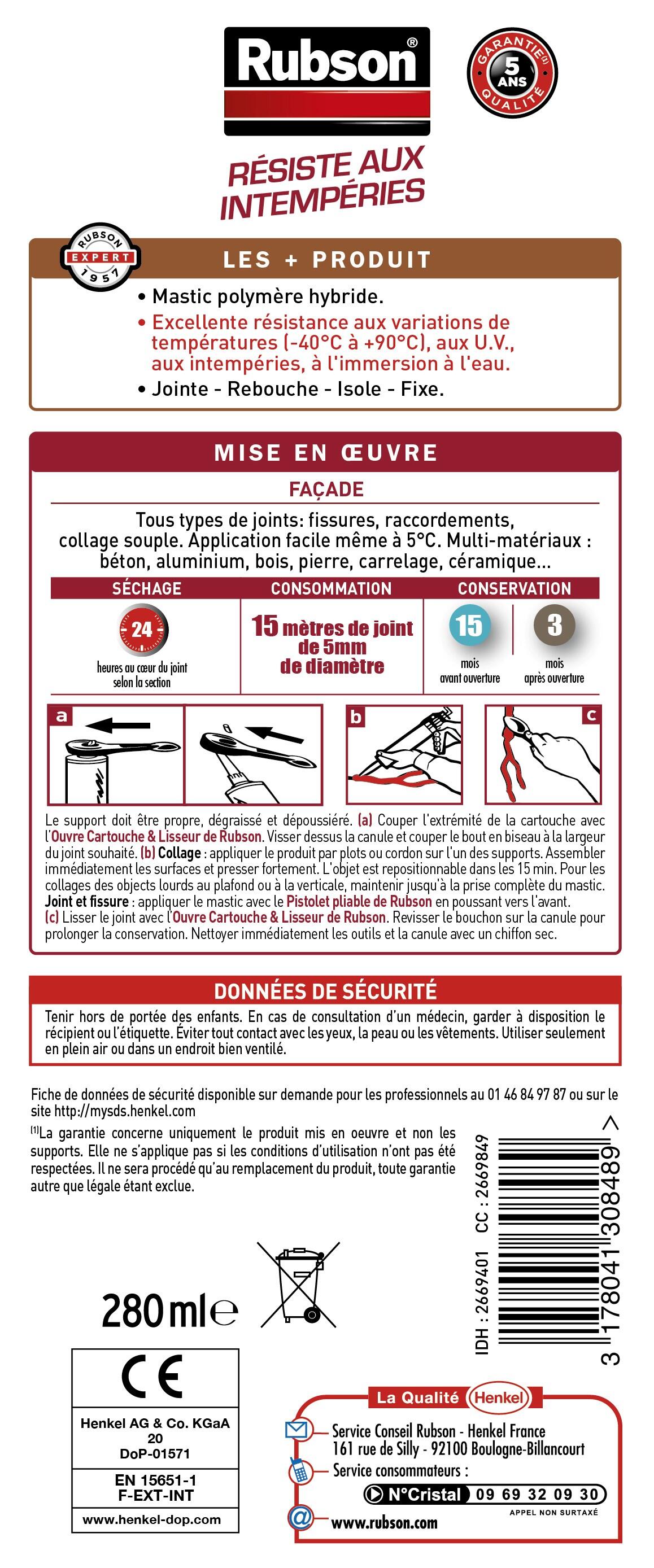 Mastic d'étanchéité Façades RUBSON rouge, 280 ml - 4