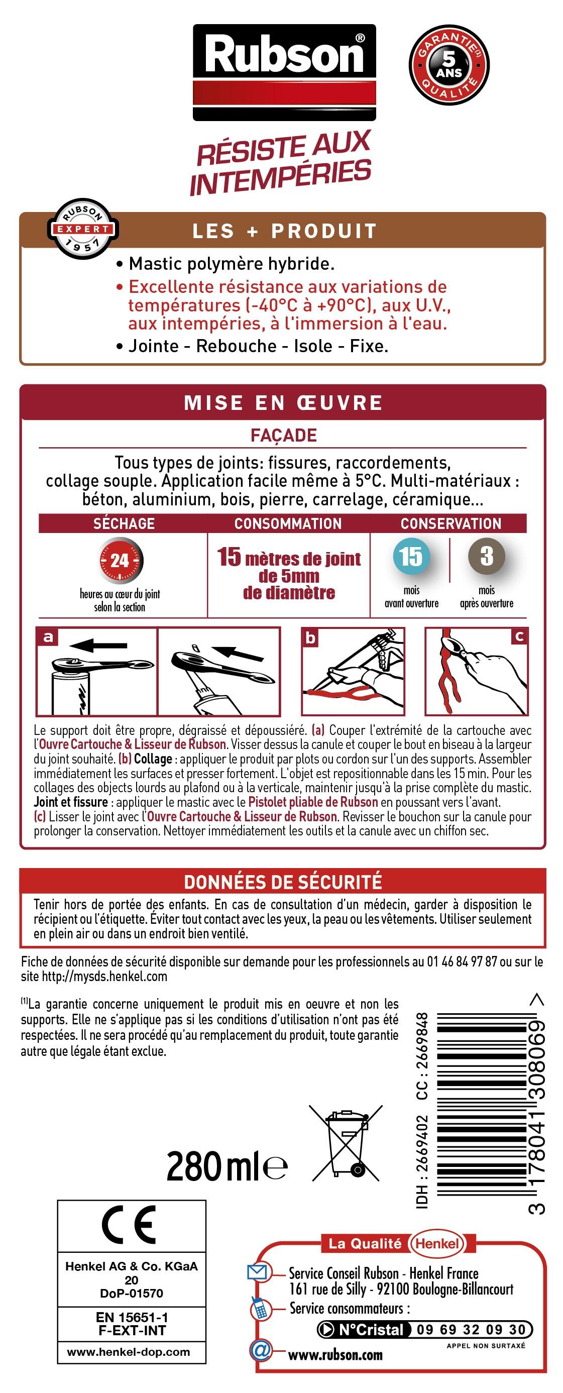 Mastic d'étanchéité Façades RUBSON blanc, 280 ml - 5