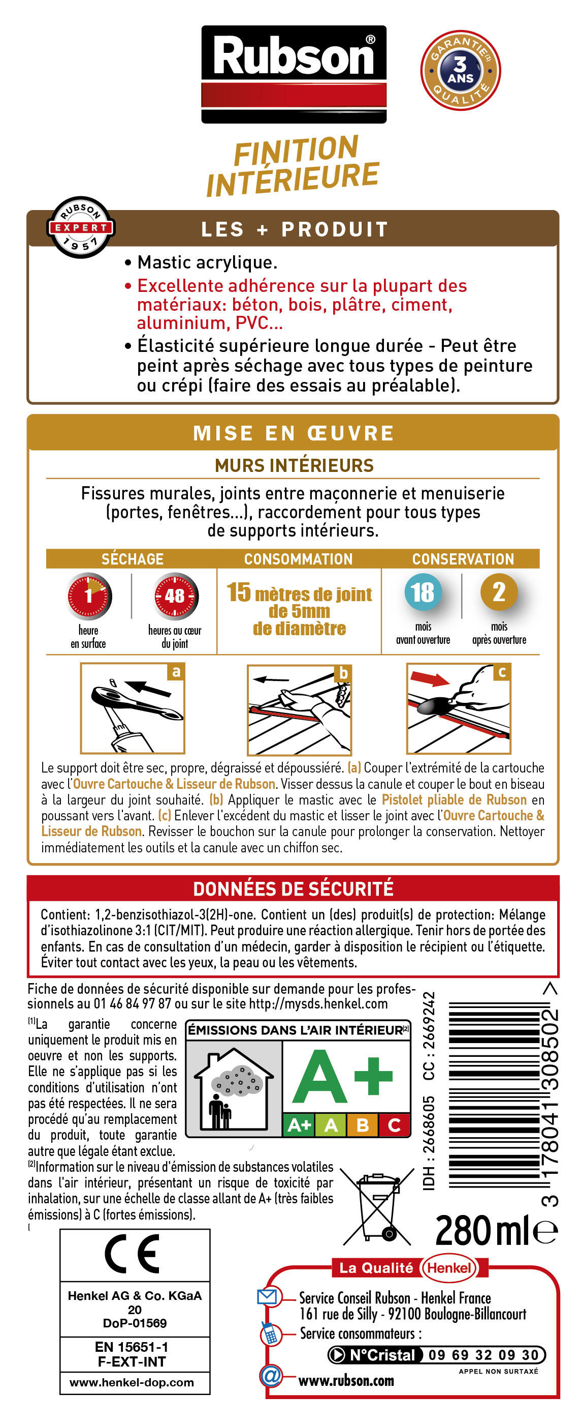 Mastic d'étanchéité Murs et fenêtres RUBSON blanc, 280 ml - 6