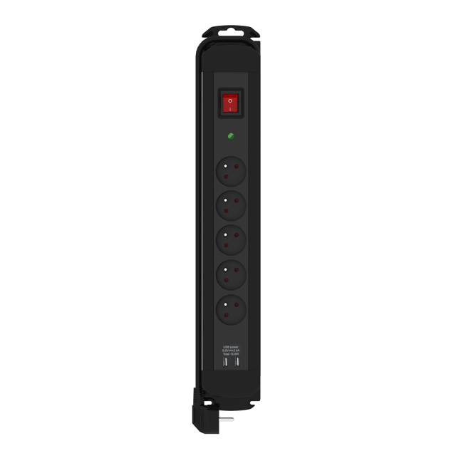 Multiprise USB parafoudre, 5 prises + 2 USB-A noir, 3680 W, LEXMAN