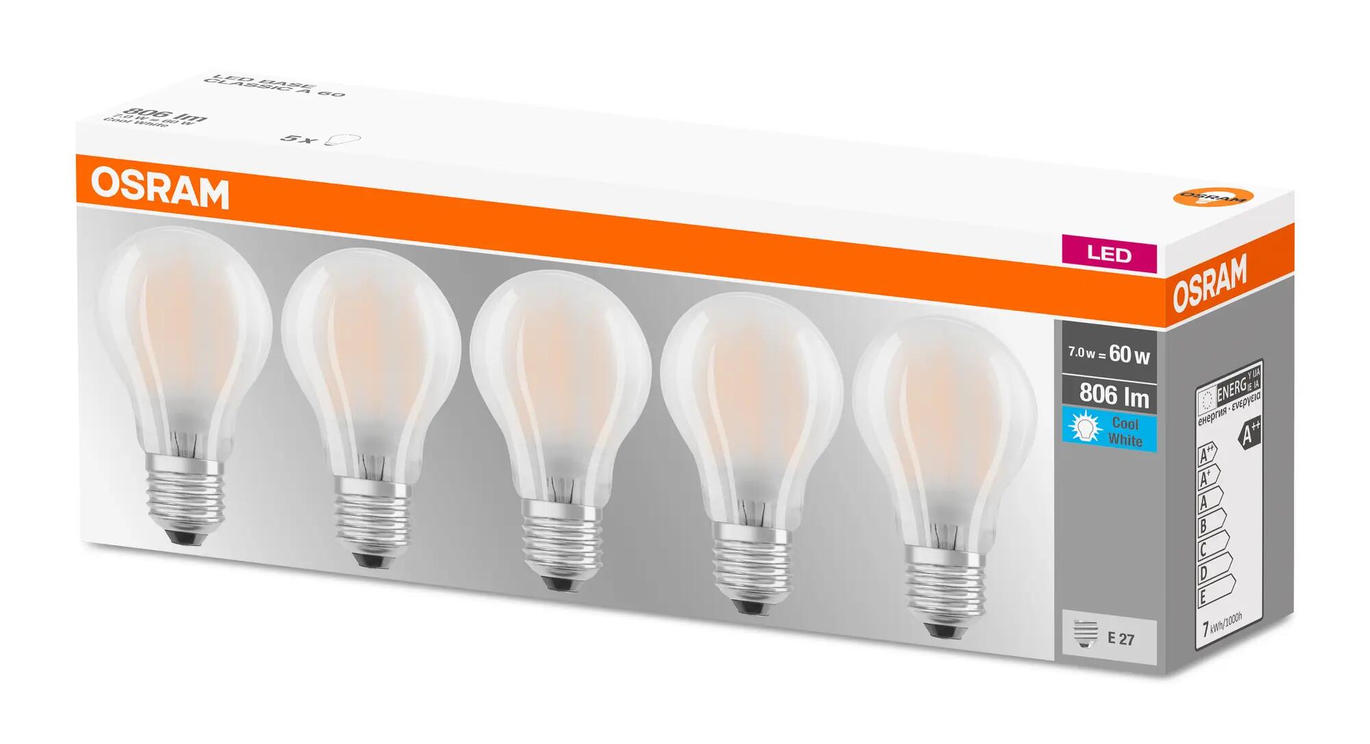Lot de 5 ampoules led E27, 806Lm = 60W, blanc neutre, OSRAM - 2
