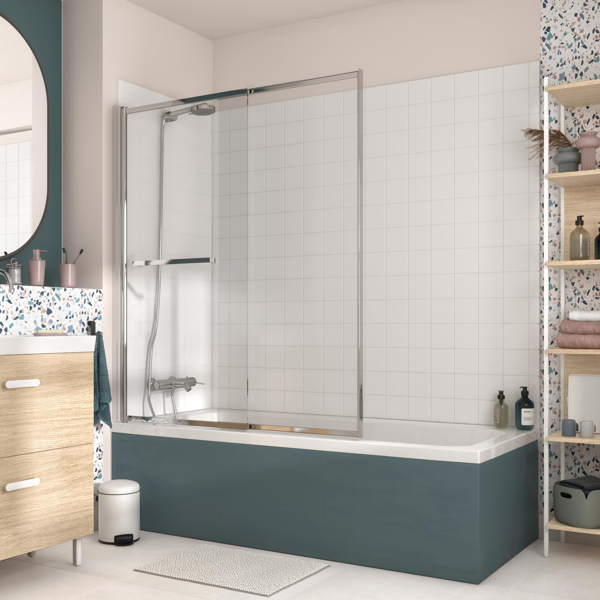 Pare-baignoire 2 volets pivotant relevable transparent chromé H.140 x l.123cm Ea - 3