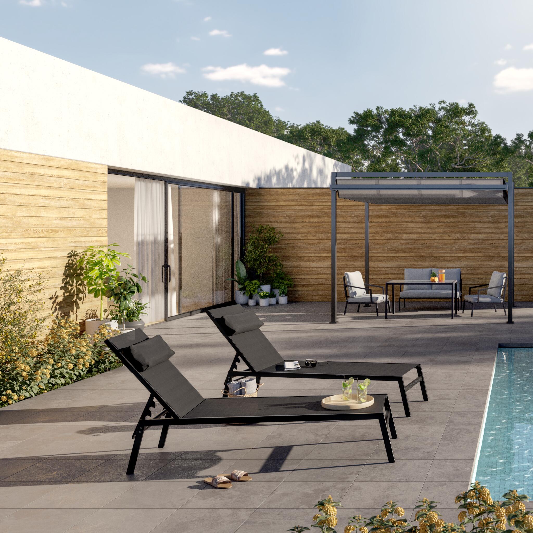 Lot de 2 bains de soleil en acier NATERIAL Riba gris anthracite | Leroy ...