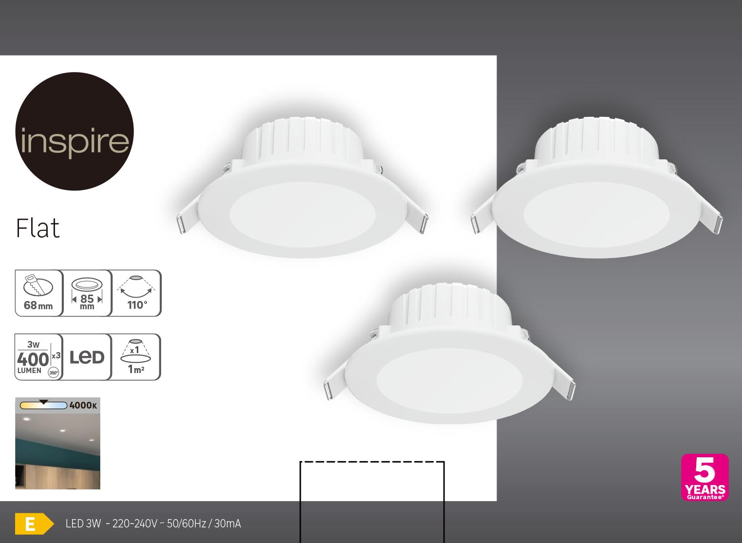 Kit 3 spots à encastrer fixe Flat led intégrée D8.5, 4000K INSPIRE rond blanc - 2