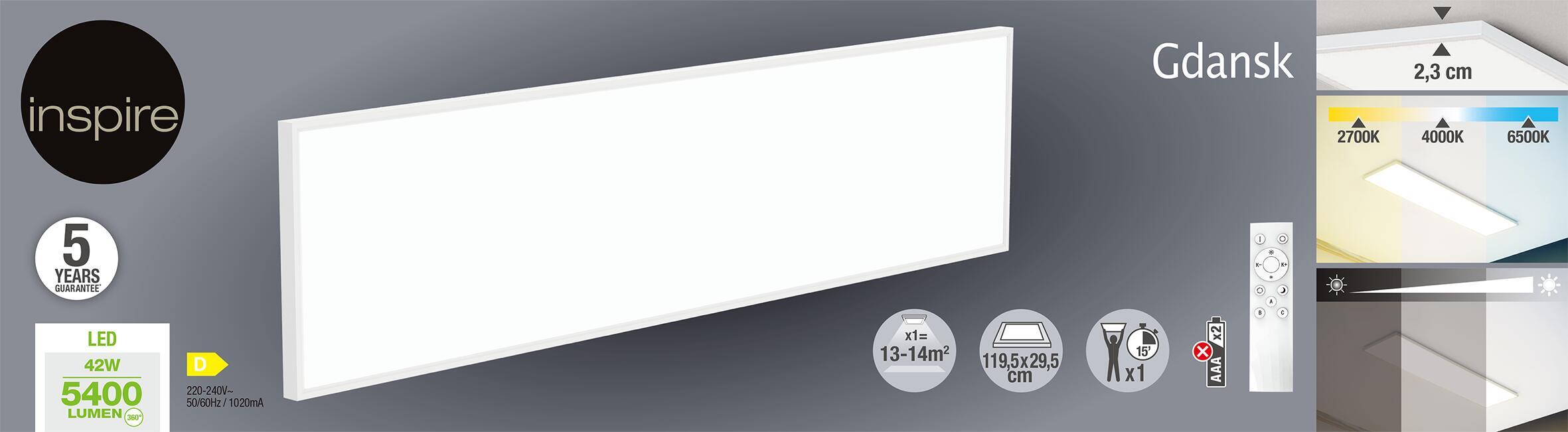 Panneau LED Gdansk 119.5 x 29.5 cm cm blanc chaud à blanc froid, blanc INSPIRE - 4