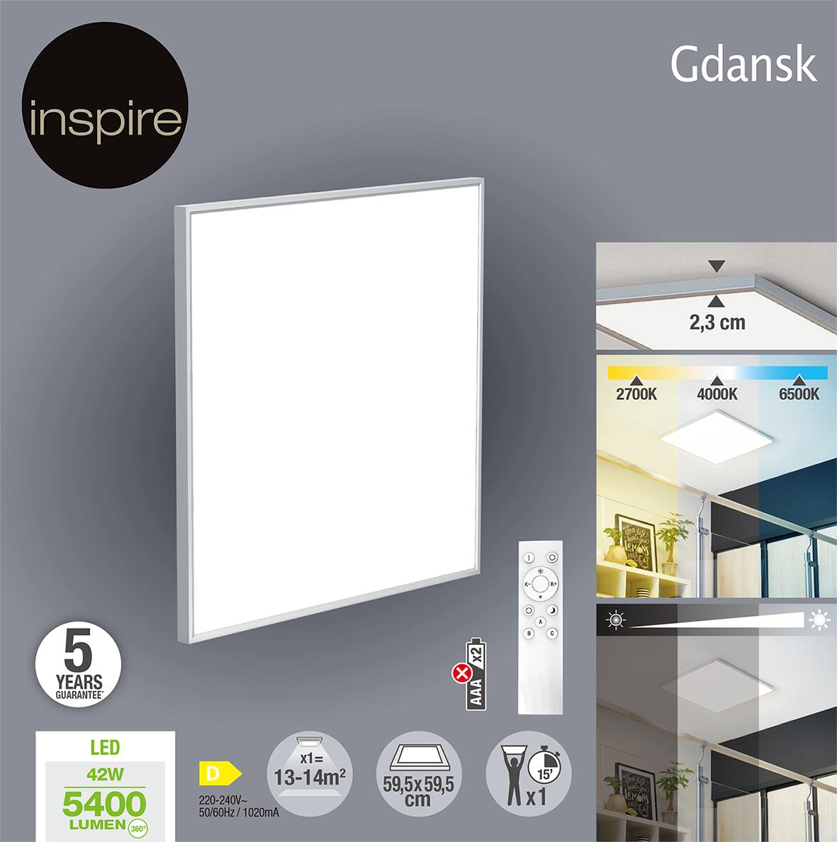 Panneau LED Gdansk, 59.5 x 59.5 cm, variation blancs/intensité, alu INSPIRE - 5