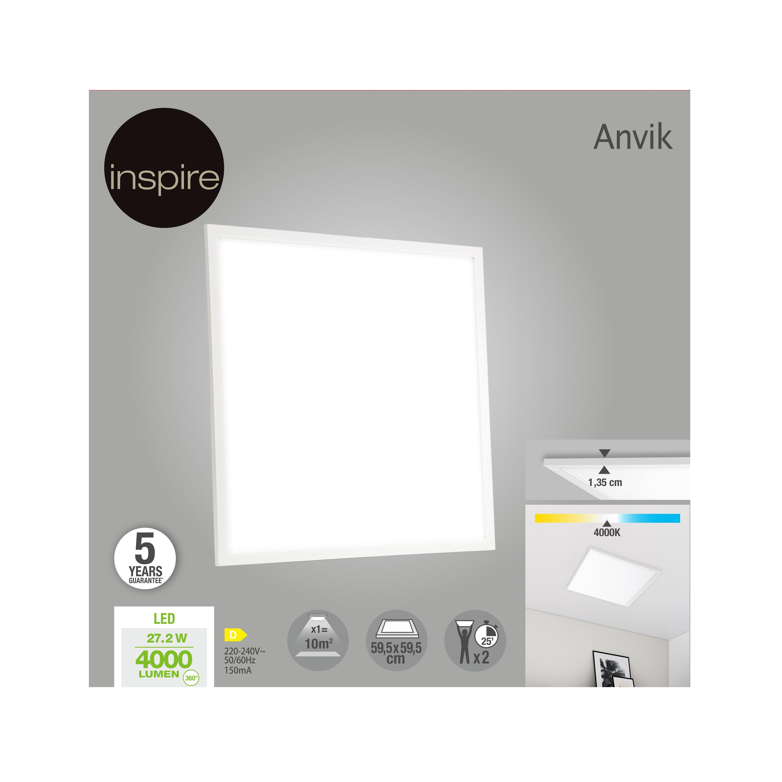 Panneau LED Anvik, 59.5 x 59.5 cm, blanc neutre, INSPIRE - 2