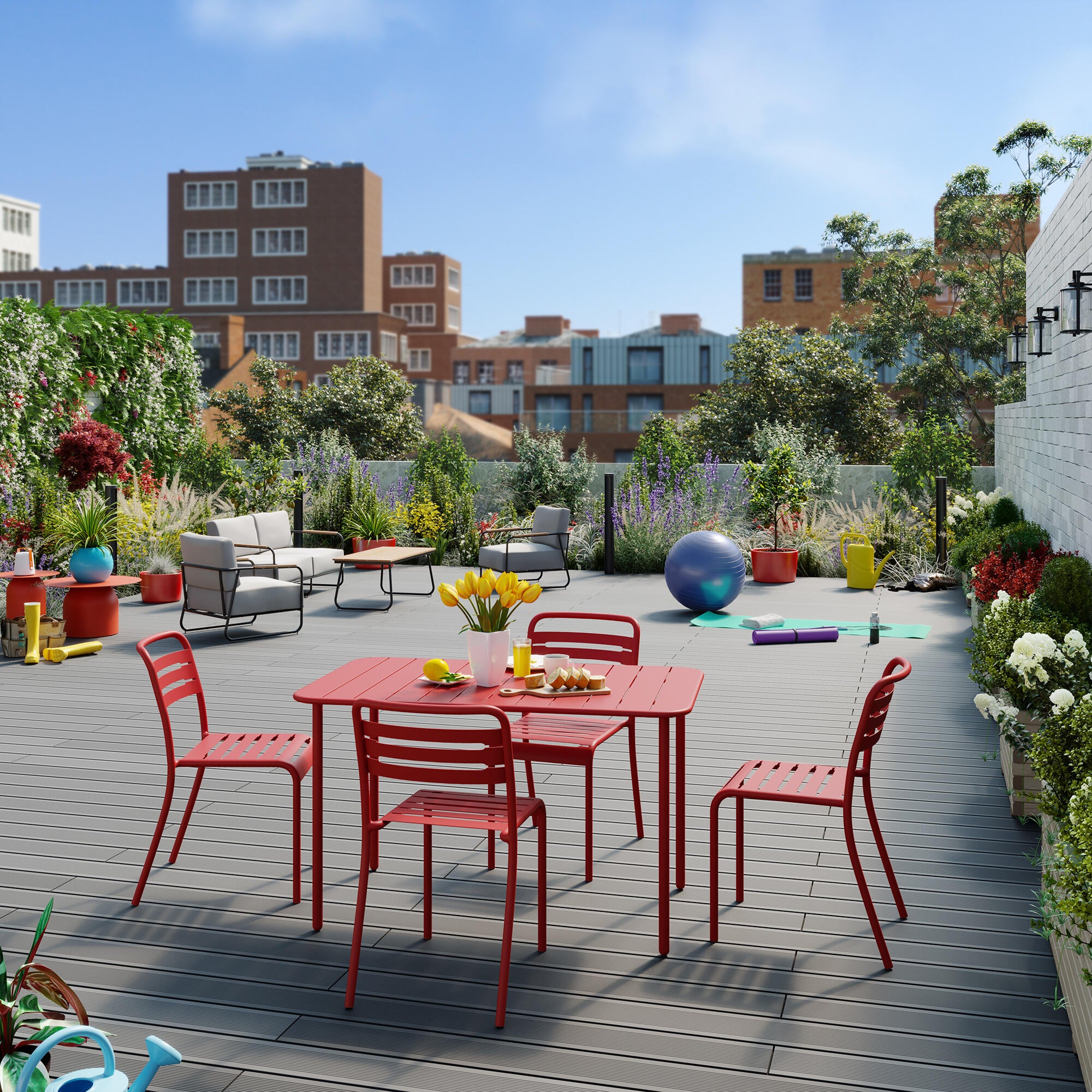 Table de jardin CAFE rectangulaire en métal coloris rouge – 4 personnes - 2