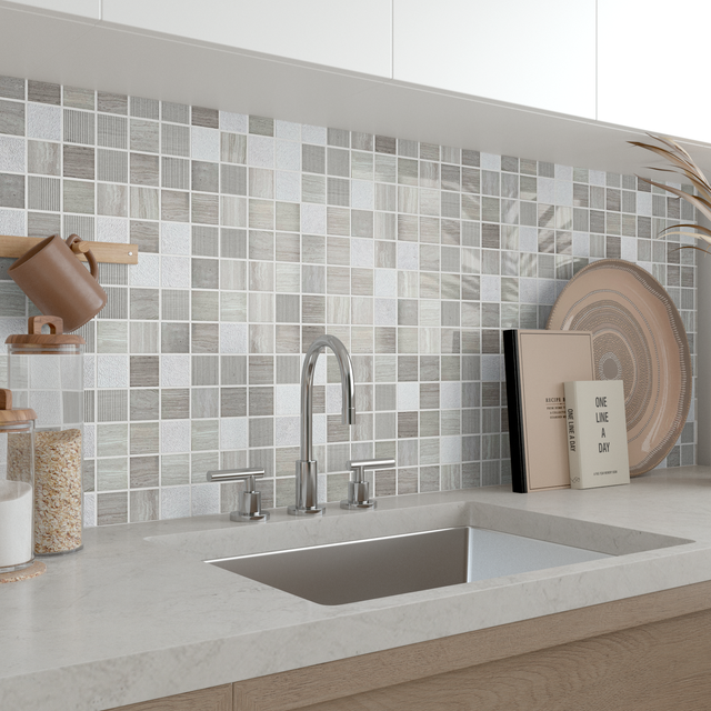 Mosaico in pietra Mino beige lucido L 30.5 x L 30.5cm x Sp. 8 mm