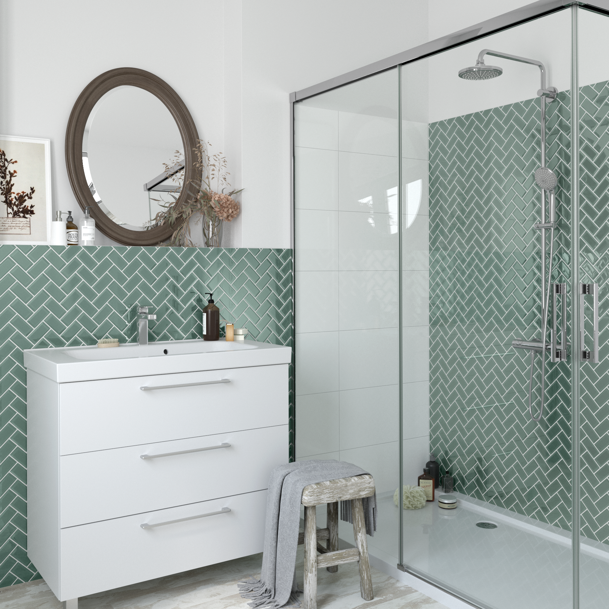 Mosaico in porcellana Metro Chevron verde lucido L 34 x L 31cm x Sp. 6.5 mm - 7