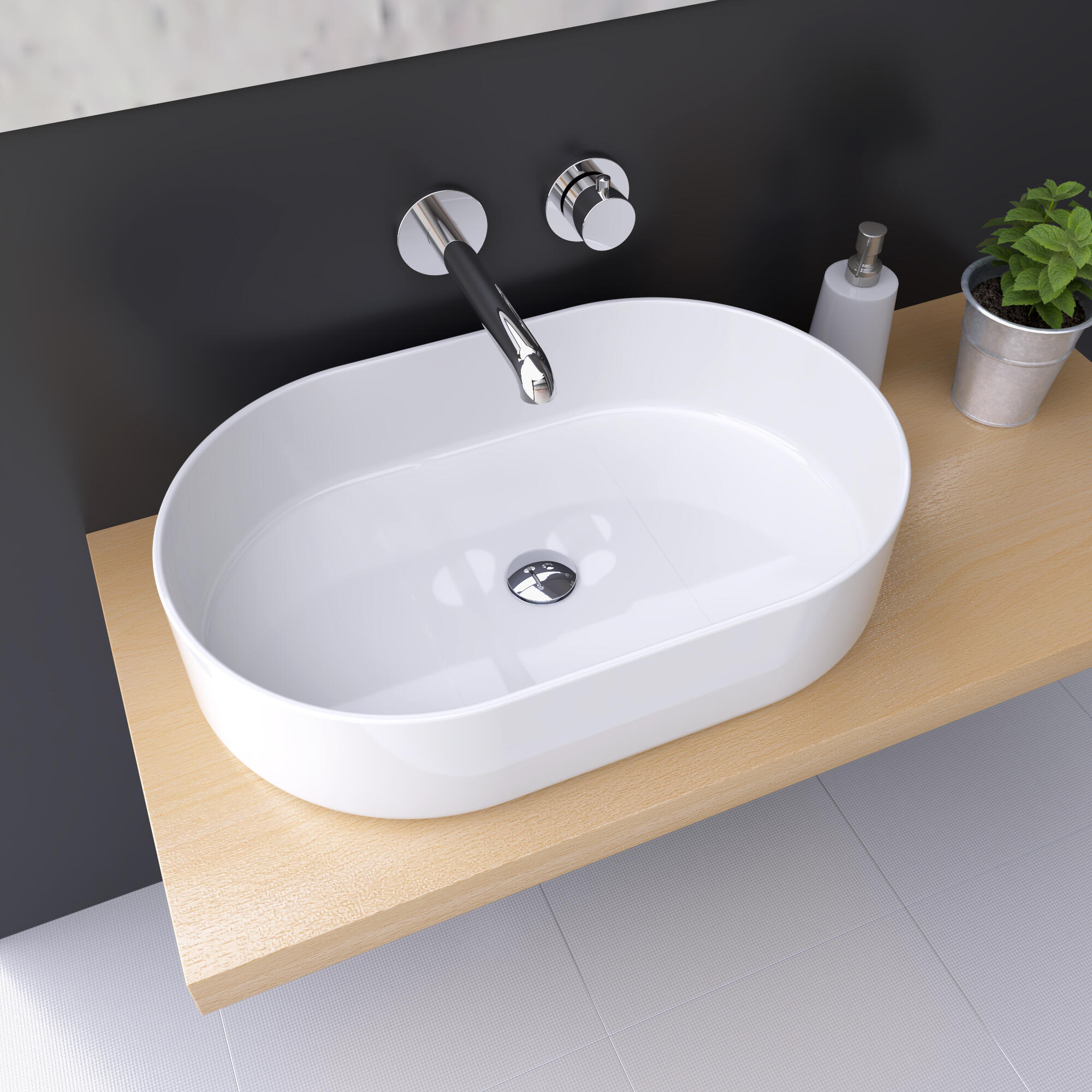 Lavabo da appoggio Trapani ovale in ceramica L 60.5 x H 12.5 x P 38 cm bianco lucido piletta non inclusa - 2