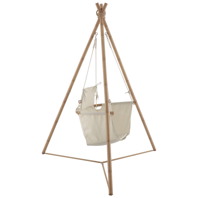 Poltrona sospesa NATERIAL struttura in acciaio naturale, cuscini in poliestere beige