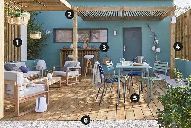 cour patio aménagement bois bleu vert