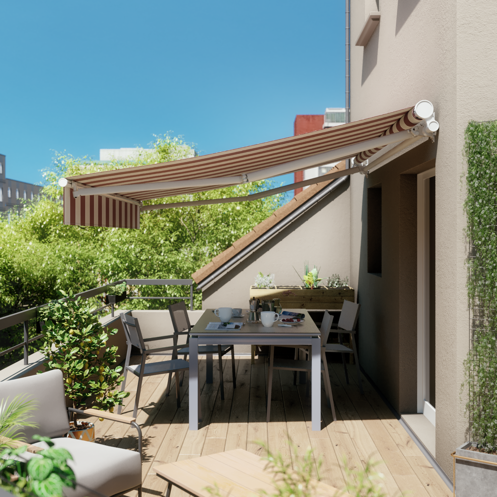 Toldo Calima brazo extensible manual blanco con tela granate 2.5x2 m - 2