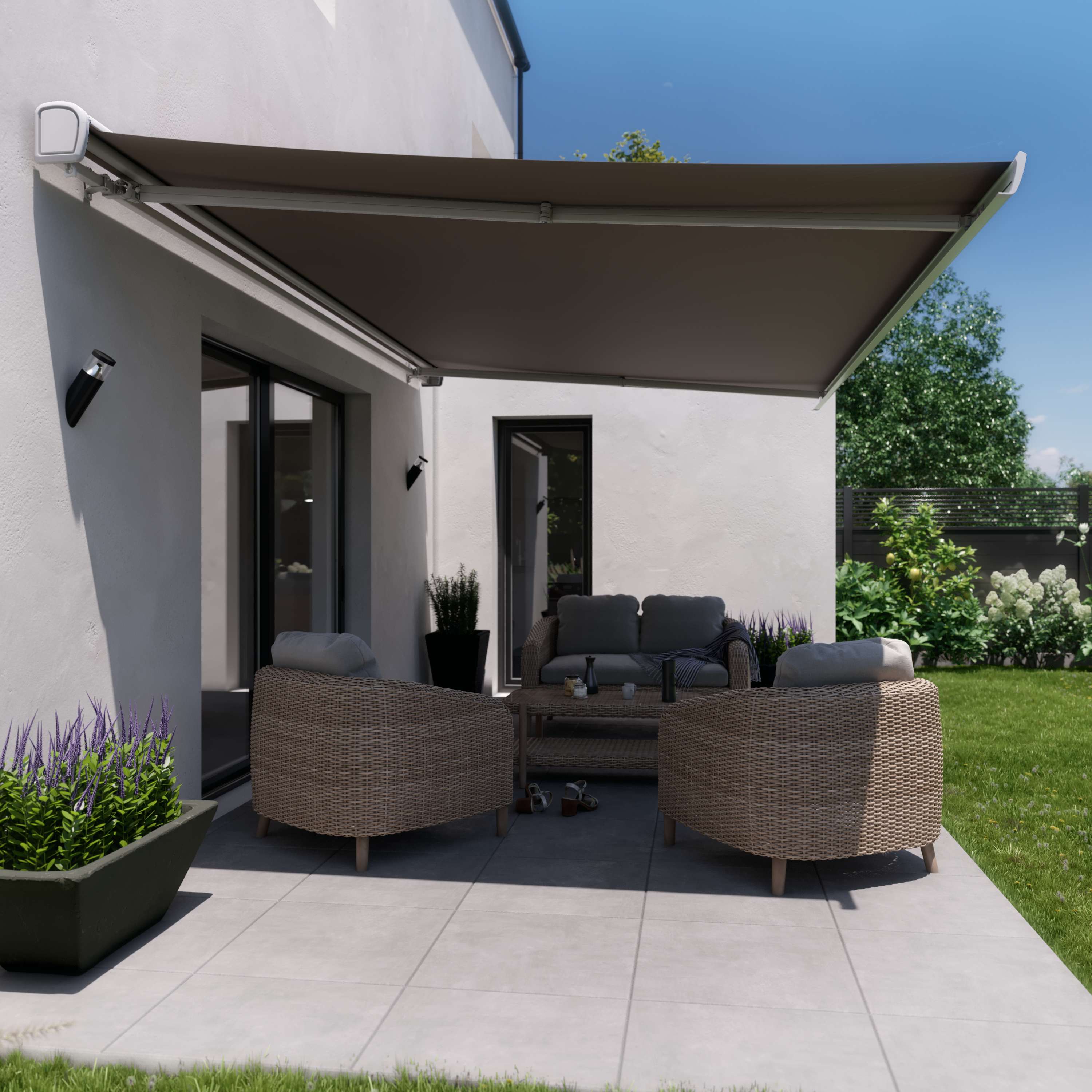 Store banne motorisé 3.95 x 3 m Zefir1 blanc, toile polyester taupe - 4