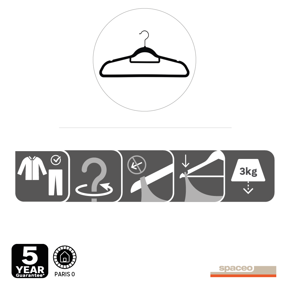 Lot de 4 cintres SPACEO plastique finition VELOURS noir, H.23 x l.45 x P.2.4 cm - 8