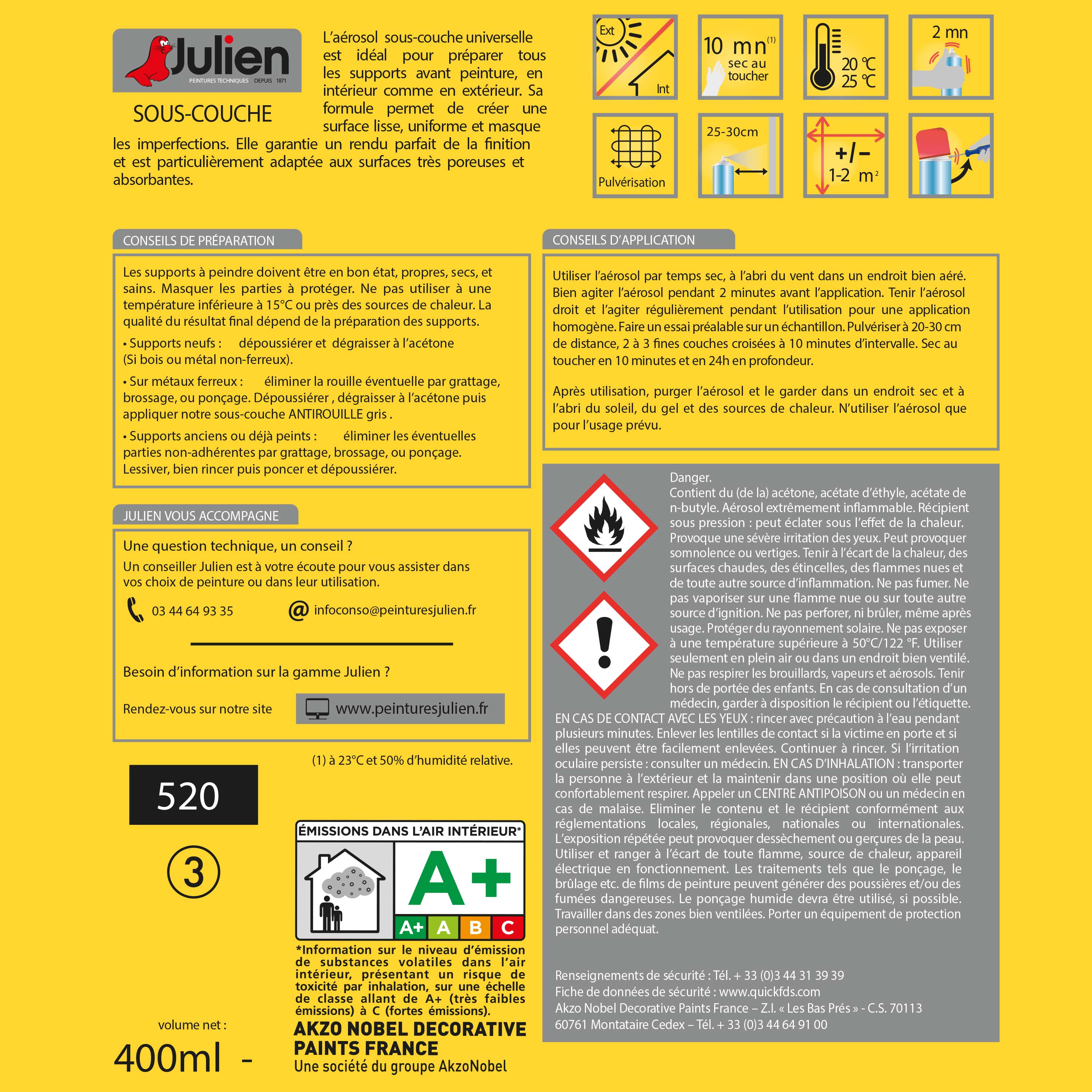 Bombe de peinture sous-couche Universelle JULIEN blanc RAL blanc satiné 400 ml - 2