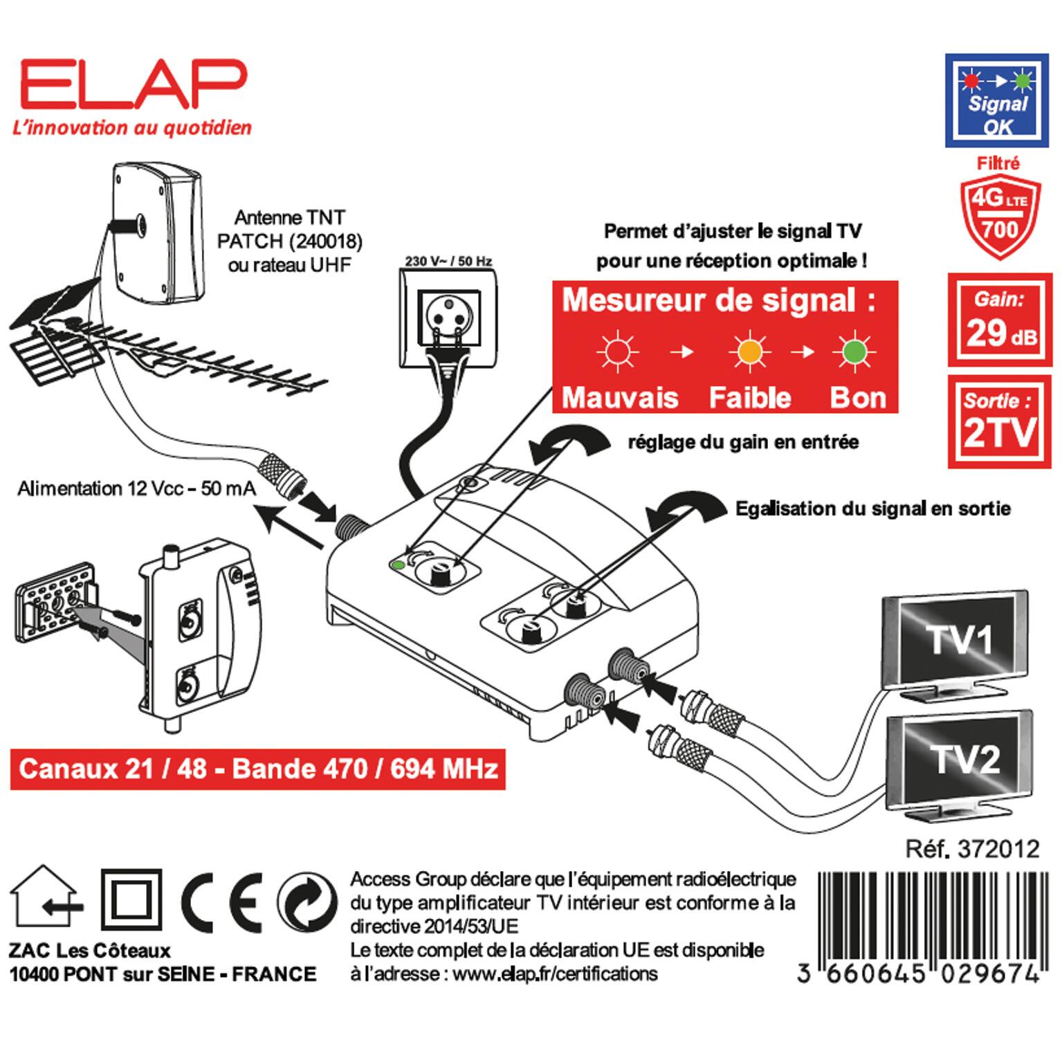 Amplificateur intérieur terrestre 2 sorties 29DB ELAP - 2