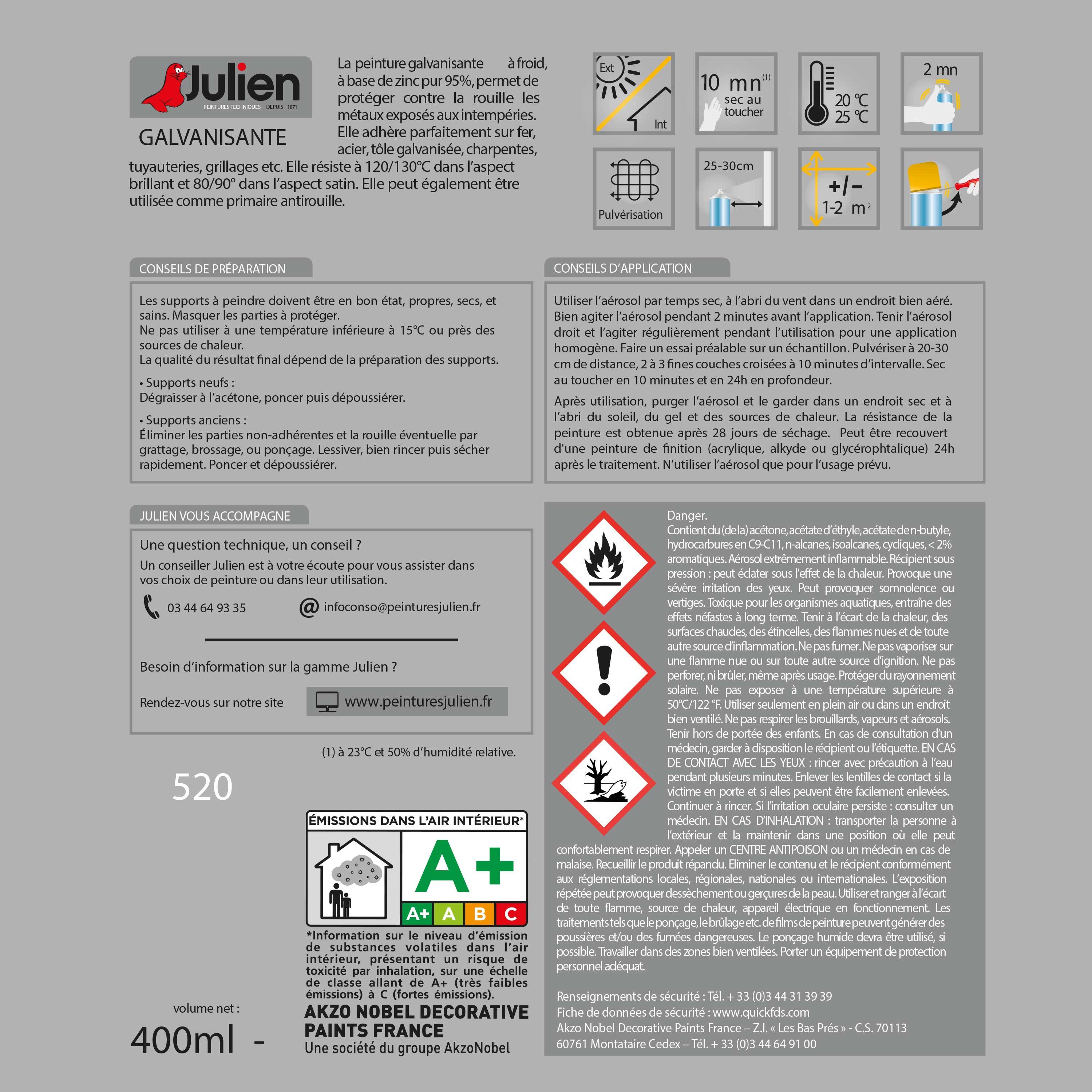 Bombe de peinture Galva tous métaux JULIEN gris alu brillant 400 ml - 2