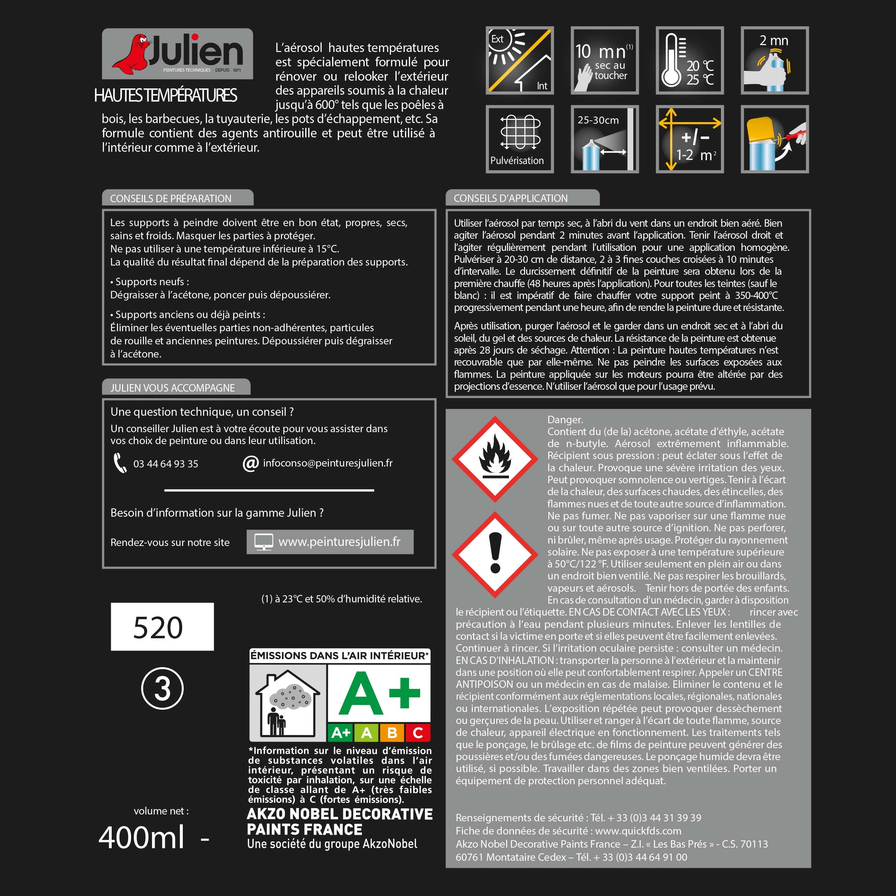 Bombe de peinture Hautes températures JULIEN blanc brillant 400 ml - 4