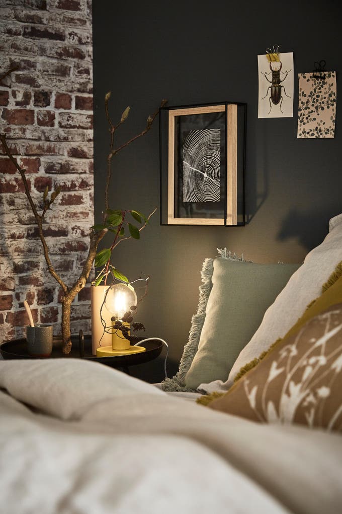 Photo Leroy Merlin d'une chambre avec un mur vert foncé et un autre en briques rouges.