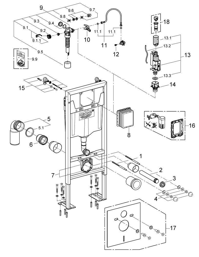 Pack WC suspendu universel, cuv sans bride, GROHE, Solido Euro Cosmo - 11