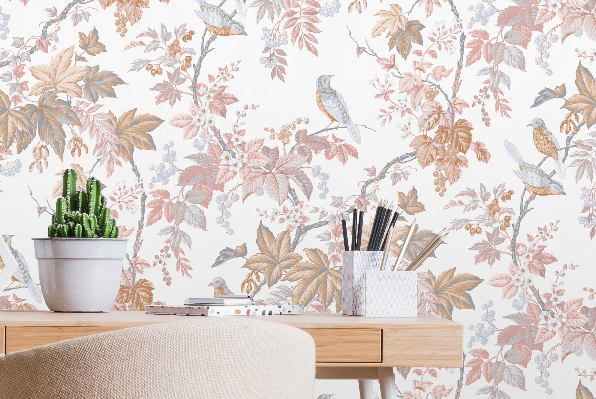 Papier peint intissé oiseau romantique rose - 4