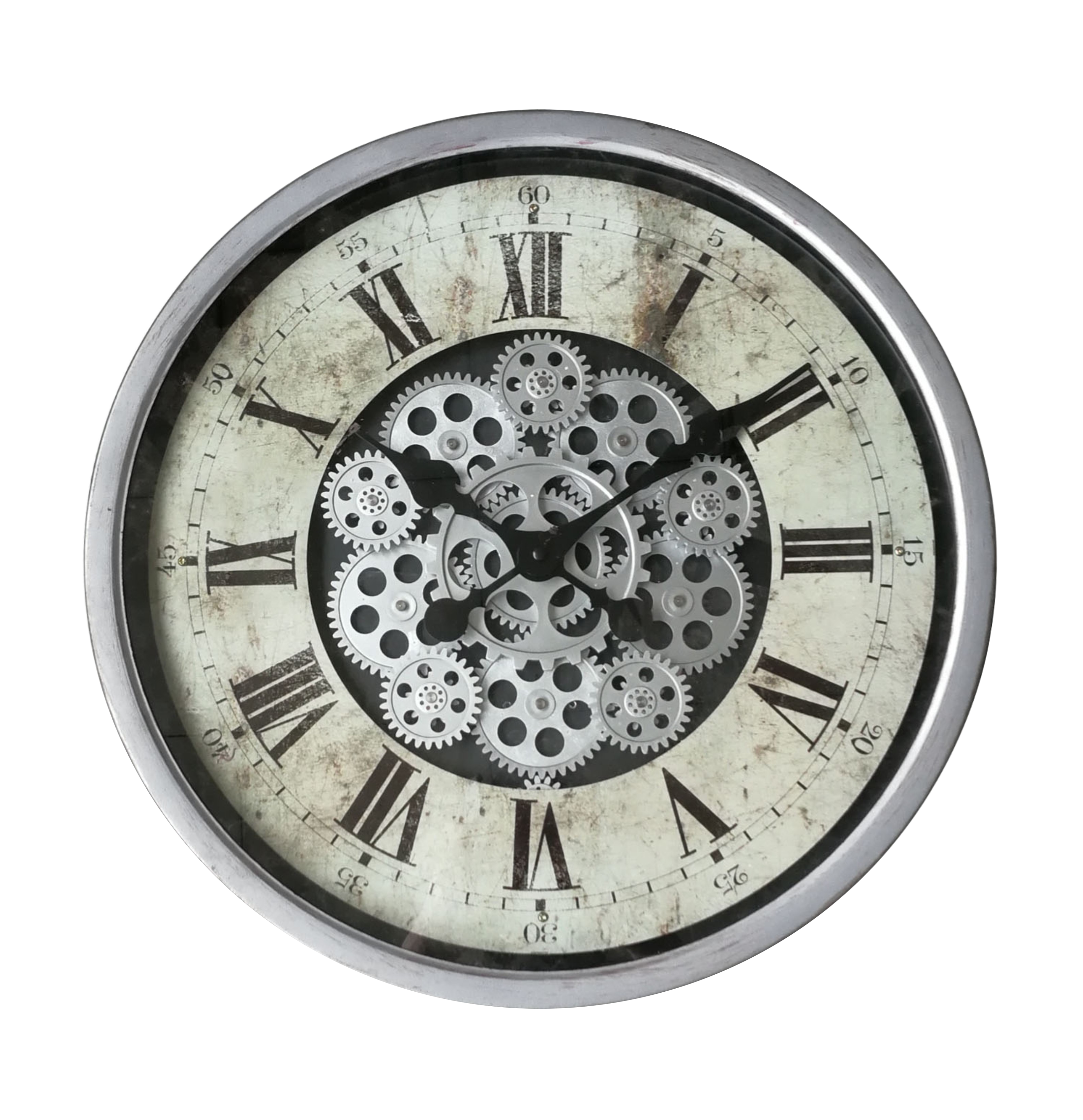 Horloge murale industrielle ancienne en métal gris à engrenages mobiles 60 cm