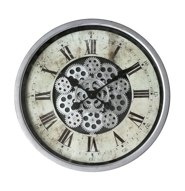Horloge murale industrielle ancienne en métal gris à engrenages mobiles 60 cm Horloge murale industrielle ancienne en métal gris à engrenages mobiles 60 cm