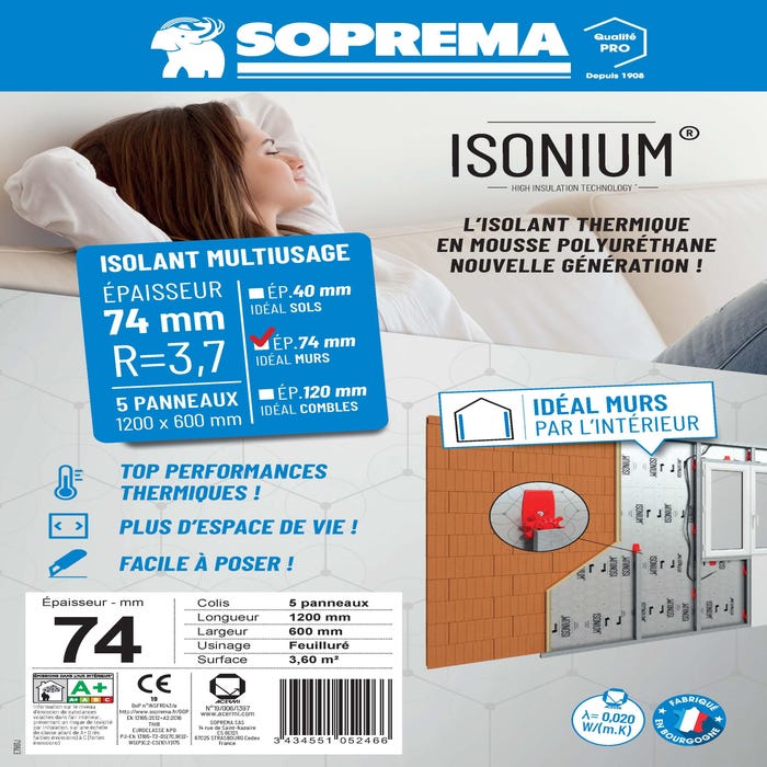 5 panneaux pour isolation polyuréthane SOPREMA, R=3.7, Ep.74mm,1.2x0.6m ...