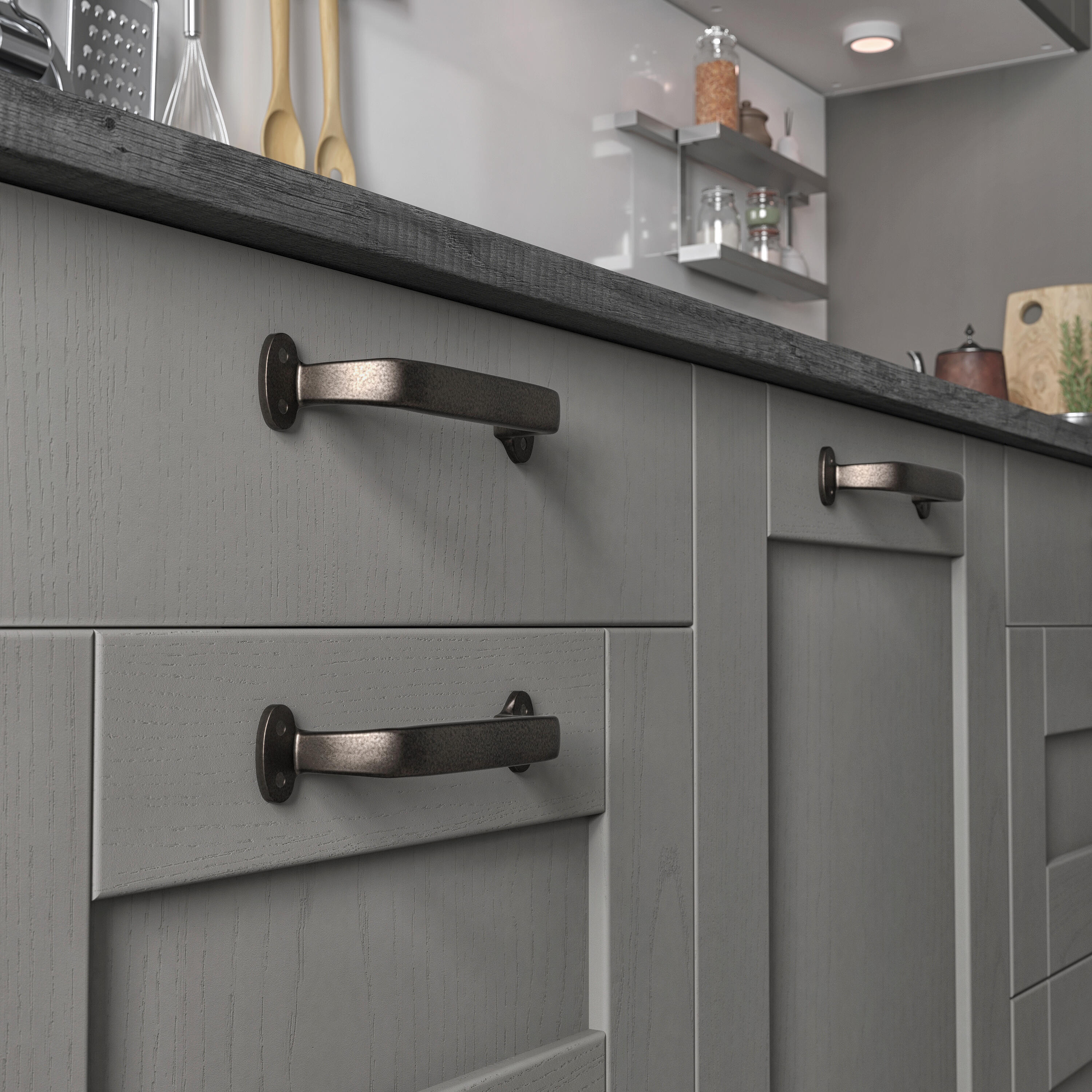 2 poignées de meuble, zamak gris patiné, entraxe 16 mm - 2