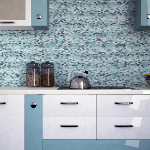 Piastrella Mosaico in vetro Onda Aqua azzurro lucido L 30 x L 31cm x Sp. 8 mm