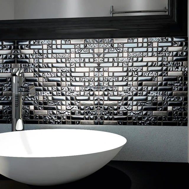 Piastrella Mosaico in vetro Neox nero lucido L 30 x L 30cm x Sp. 8 mm