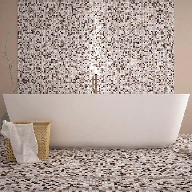 Piastrella Mosaico in pietra Kosmas bianco marrone e grigio lucido L 30 x L 30cm x Sp. 8 mm