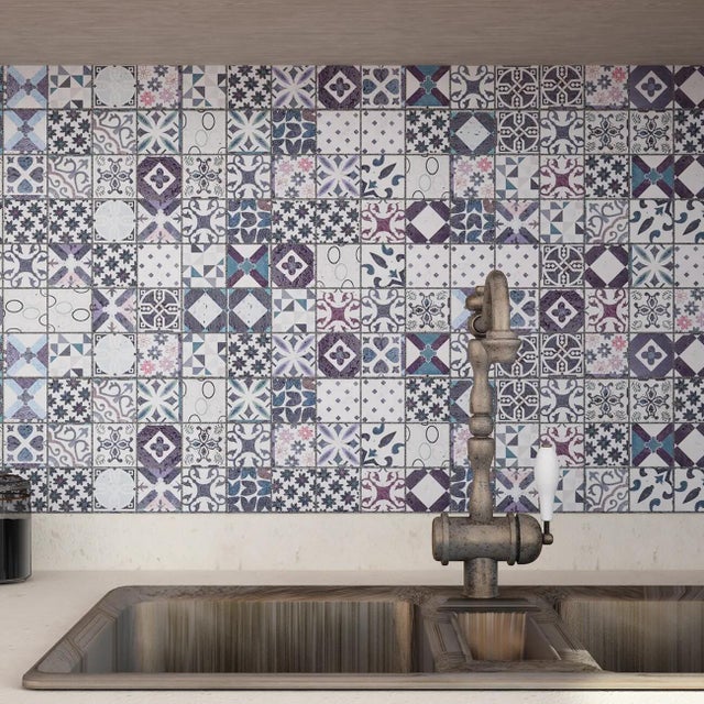 Piastrella Mosaico in travertino Capalbio azzurro e rosa e nero e blu opaco L 30 x L 30cm x Sp. 8 mm