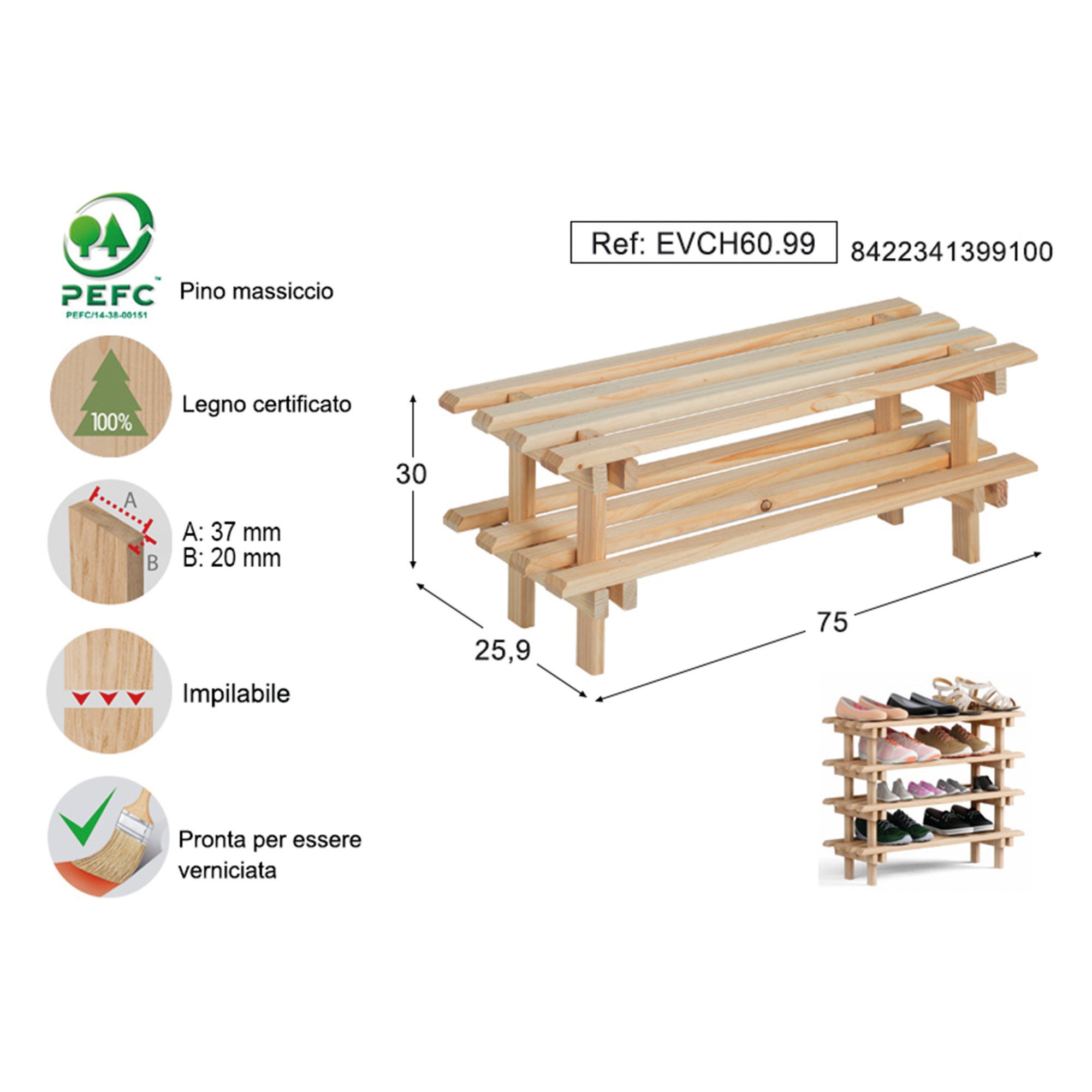 Panca scarpiera porta scarpe L 75 x H 30 x P 25.9 cm 9 paia, beige - 6